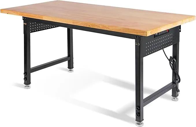Height Adjustable Workbench 60”×22” Heavy Duty Work Table 2000 LBS Load Capacity Rubber Wood Work Station with Power Outlet & Pegboard for Garage, Office, Workshop, Home, Party Shop by GreenHaven Gardens