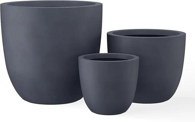 Kante 18",14",10" Dia Concrete Round Planters (Set of 3), Outdoor Indoor Large Planter Pots with Drainage Hole and Rubber Plug for Home Patio Garden, Charcoal by GreenHaven Gardens