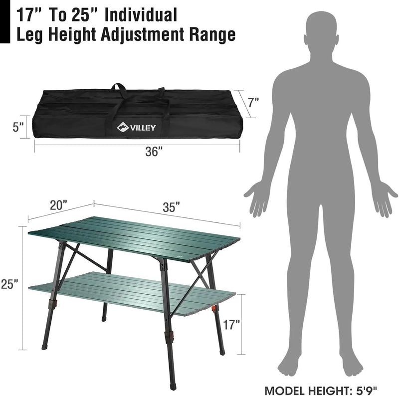 VILLEY Portable Camping Table with Adjustable Legs, Lightweight Aluminum Folding Beach Table with Carrying Bag for Outdoor Cooking, Picnic, Beach, Backyards, BBQ and Party by GreenHaven Gardens