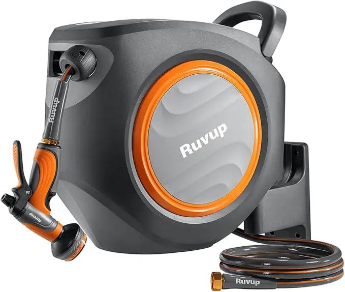 Ruvup Retractable Garden Hose Reel,1/2in x 150ft Water Hose Reel with Metal Bracket, UV Resistant Automatic Hose Reel Wall Mount for Outside, Slow Retraction Any Length Lock 10 Spray Nozzle by GreenHaven Gardens