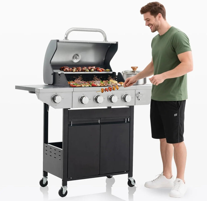 4-Burner Propane Gas BBQ Grill with Side Burner, Porcelain-Enameled Cast Iron Grates and Side Tables, 46,500 BTU Stainless Steel Grill for Outdoor Camping Barbecue Grilling Backyard Cooking by GreenHaven Gardens