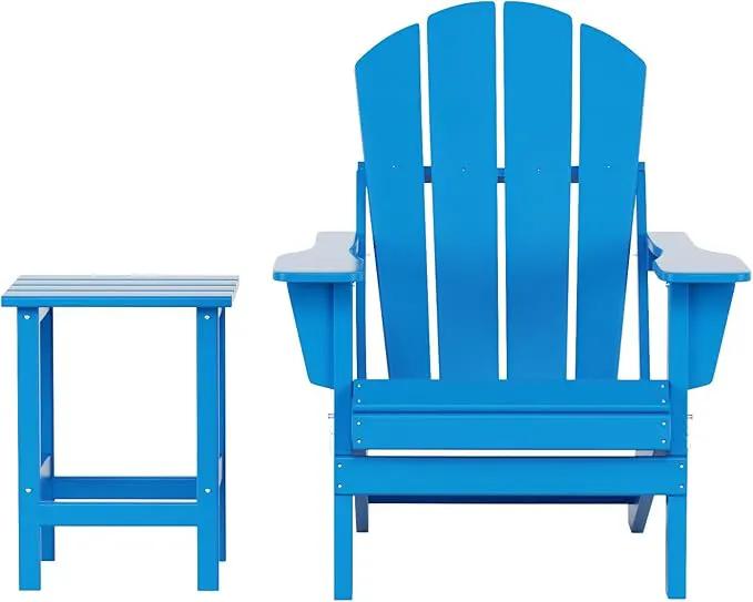 WO Home Furniture Adirondack Chair Table Set of 2 PCS Outdoor Folding Chair w Side Table Weather/UV Resistant for Lawn, Garden, Bon Fire, Balcony (Pacific Blue) by GreenHaven Gardens