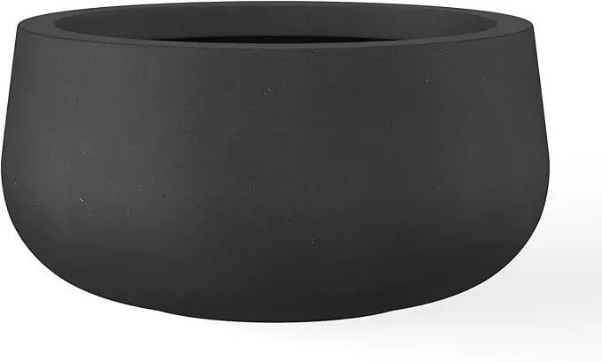 Kante 15.7" Dia Round Concrete Planter, Outdoor Indoor Garden Plant Pots with Drainage Hole and Rubber Plug, Modern Curvaceous Design, Black by GreenHaven Gardens