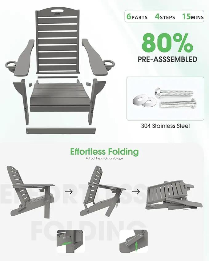 Adirondack Chairs Set of 2, Outdoor Fire Pit Chairs, HDPE All-Weather Adirondack Chairs with Cup Holder, Lawn Chair for Deck, Patio, Garden (Grey) by GreenHaven Gardens