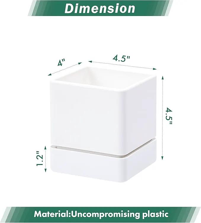 4 Inch Herb Planter Pot, Plastic Planter with Drainage Holes and Saucer, Modern Decorative Gardening Pot for Indoor Plants, Flowers, Herbs, Succulents, White, Set of 1, 76-Y-A-1 by GreenHaven Gardens
