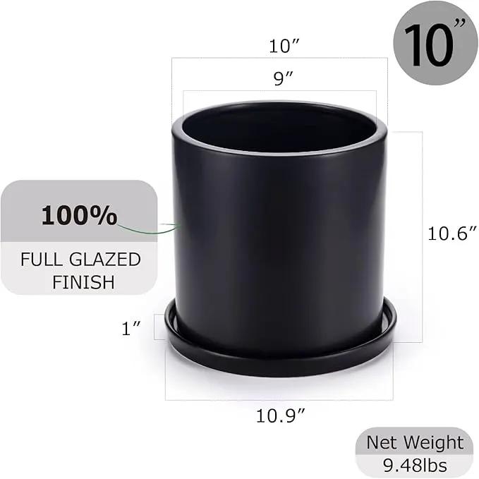 Plant Pots 10 Inch Ceramic Planter with Drainage Hole and Saucer, Matte Black Modern Cylinder Planter Pot for Indoor Outdoor Plants Flowers, Full Glazed Finish by GreenHaven Gardens
