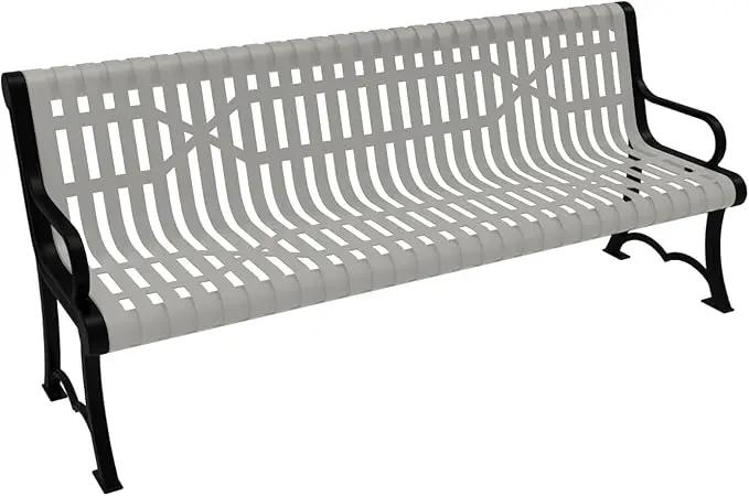 Heavy-Duty Outdoor Bench Thermoplastic Coated, Slated Steel, Commercial-Grade Garden Bench, Made in America (Portable with Back, 6 Ft, Textured Grey) by GreenHaven Gardens