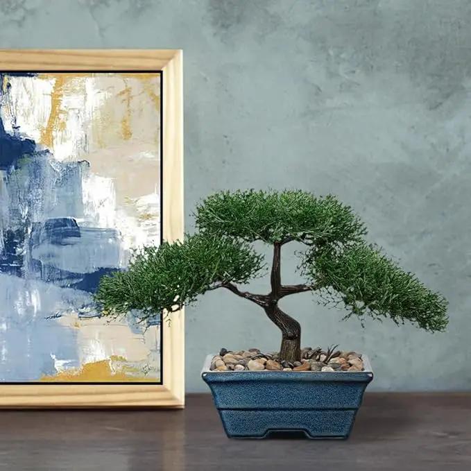 Artificial Bonsai Tree Juniper Faux Plants Indoor Fake Plants Decor with Blue Ceramic Pots for Home Table Office Desk Bathroom Shelf Bedroom Living Room Farmhouse Decorations-Pine by GreenHaven Gardens