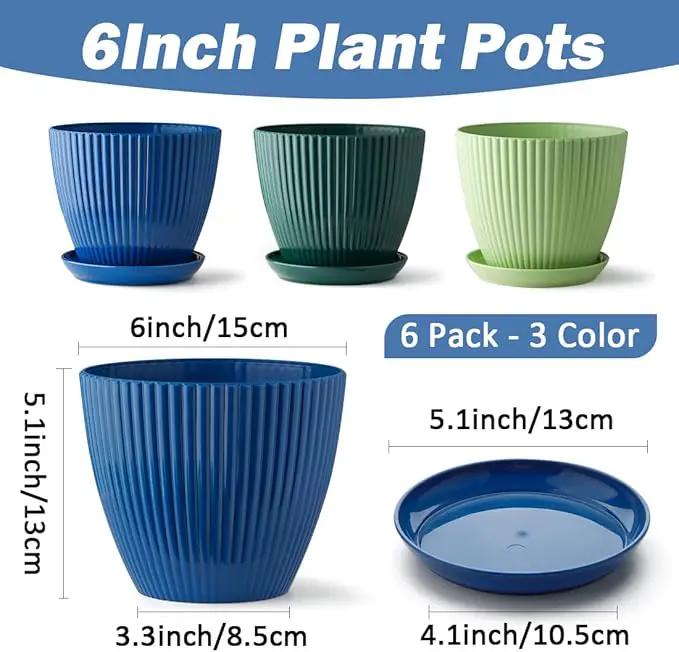 6 Pack Plant Pots with Drainage Holes and Saucers 6 Inch Plastic Planter with 3 Colors Indoor and Outdoor Flower Pots by GreenHaven Gardens