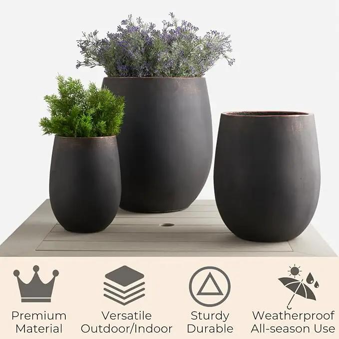 17.7"+13.3"+9.5" Dia Round Concrete Planter Set of 3, Large Outdoor Planter, Black with Gold Rim, Flower Pots with Drainage Holes for Garden, Patio, Home, Office by GreenHaven Gardens