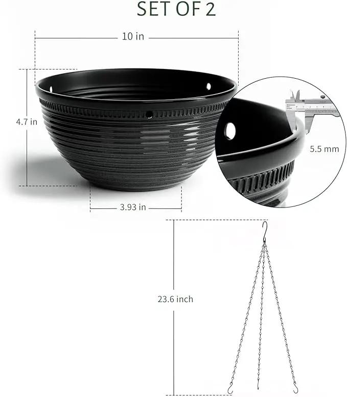 2 Pack Hanging Planters for Indoor Outdoor Plants, 10 Inch Hanging Planter with Drainage Hole & Plug Glazed Hanging Baskets Flower Pots for Garden Home (Black) by GreenHaven Gardens