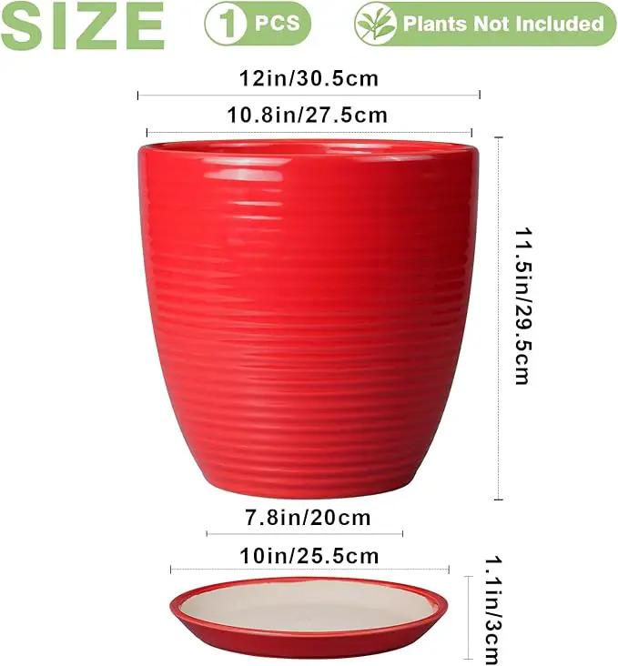 Ceramic Pot for Plants 12 Inch - Plant Pot Indoor with Drainage Hole and Saucer Round Large Planter for Outdoor Plants Mid Century Modern Flower Pot for Home Decor Red by GreenHaven Gardens