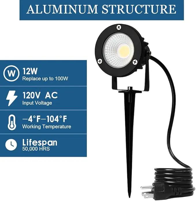 12W LED Landscape Spotlight,120V Landscape Lighting Outdoor for Mounted Flag Pole Light,IP65 Landscape Lights Warm White Garden Decorative Lamp 6FT Cord with US 3 Prong (Base,Stake Included) by GreenHaven Gardens