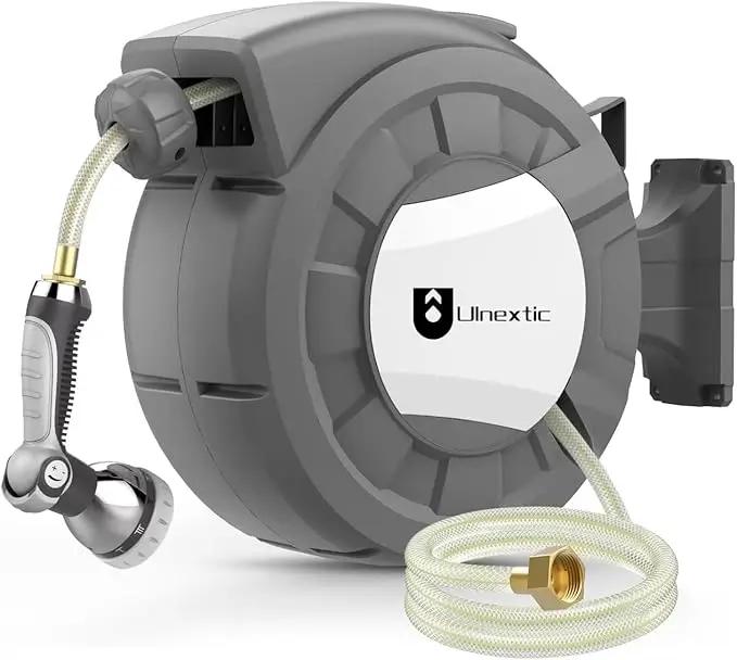 Retractable Garden Hose Reel, 1/2 in x 100 ft Wall Mounted Hose Reel, 10-Pattern Spray Nozzle, Any Length Lock/Slow Return System/Wall Mounted/180°Swivel Bracket by GreenHaven Gardens