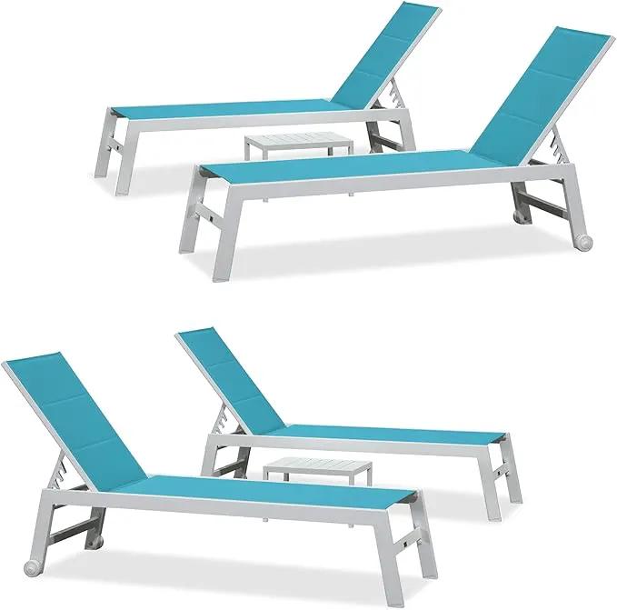 PURPLE LEAF Outdoor Chaise Lounge Set Oversize Adjustable Sunbathing Recliner Extra Wide Lounge Chairs with Side Table for Poolside Beach Outside Patio Aluminum Chaise Lounger Blue 2 Sets by GreenHaven Gardens