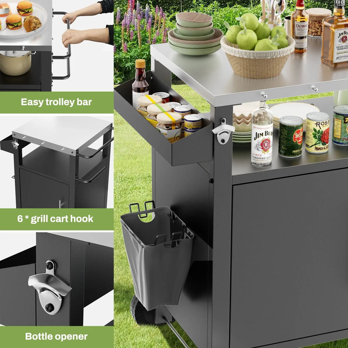 Outdoor Grill Cart With Storage, Rolling Bar Cart With Hooks And Spice Rack Stainless Steel by HouseOfZazla