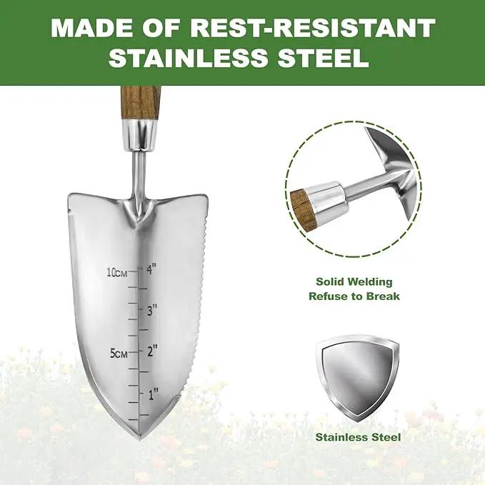 Haliaeetus Garden Trowel with Serrated Edge, 4'' Depth Marks Planting Shovel, V-Shaped Sharp Edge Garden Tool, Stainless Steel with Comfortable Wood Handle for Planting and Weeding by GreenHaven Gardens