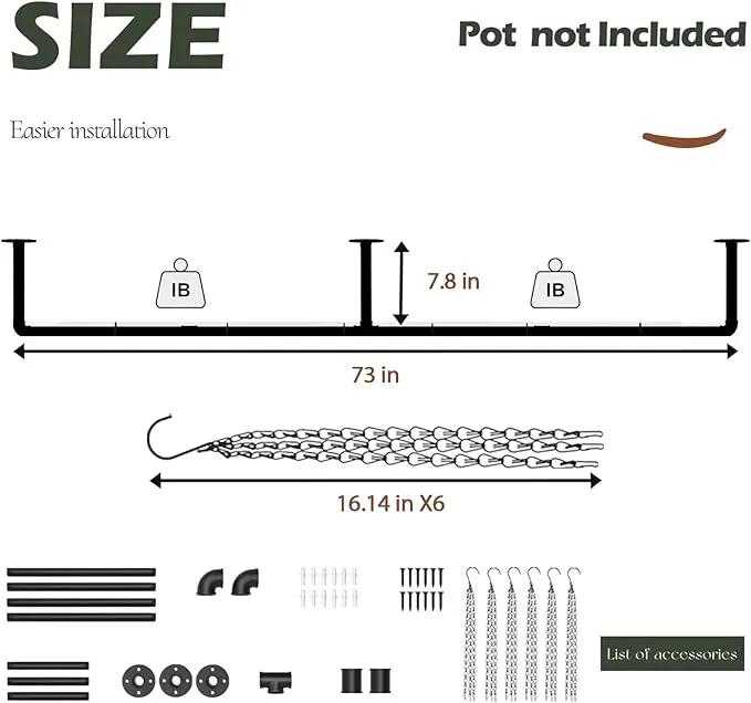 Plant Hanger Indoor with 6 Hanging Chains Hanging Planters for Indoor Plants Hanging Plant Holder Window Plant Rod Black Metal Shelves(73 Inch Pot not Included by GreenHaven Gardens