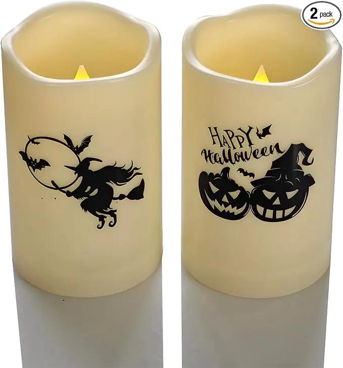 Halloween Outdoor Battery Operated Flameless Pillar Candles with Auto Daily Timer Waterproof Realistic Flickering Electric LED Lights with Pumpkin Witch Decals Halloween Decorations 2 Pack 3X5” by GreenHaven Gardens