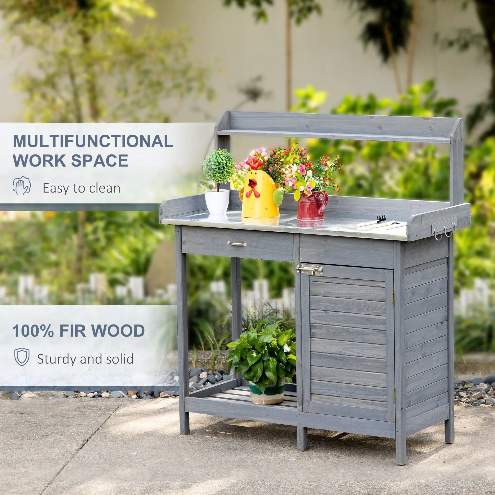 Outsunny - Outdoor Potting Bench Table, Garden Work Station With Storage Cabinet, Open Shelf And Steel Tabletop - Gray by HouseOfZazla