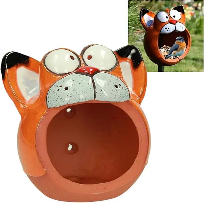 Ceramic Garden Decor - Cat Lawn Stake - Bird Feeder - Outdoor Statue - Perfect, Unique Gifts for Gardeners Woman, Men - Handmade, Frostproof by GreenHaven Gardens