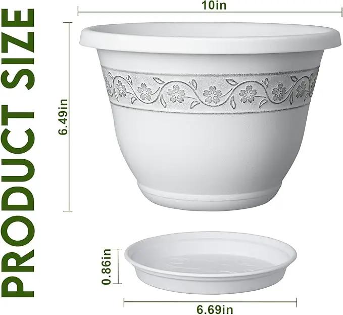 10 Inch Plant Pots with Drainage Hole - Lightweight Flower Pots for Herbs and Flowers - Home Decor Plastic Planters for Indoor Outdoor Plants- Pack of 4 (White, 10 inch) by GreenHaven Gardens