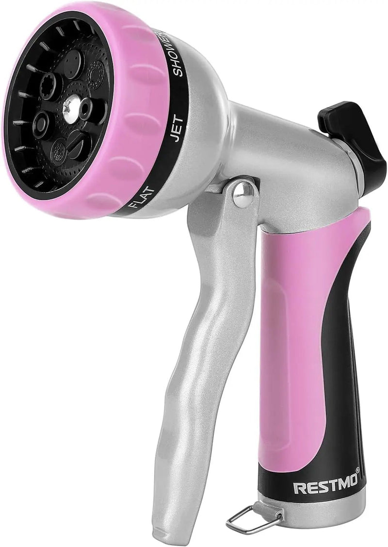 RESTMO Garden Hose Nozzle, Heavy Duty Metal Water Hose Nozzle with 7 Adjustable Spray Patterns, High Pressure Hand Sprayer with Flow Control, Best for Watering Plant & Lawn, Washing Car & Pet, Pink by GreenHaven Gardens