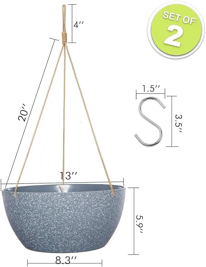 13 Inch 2 Pack Large Hanging Planters for Indoor Outdoor Plants, Plastic Hanging Basket Pots for House Plants Flowers, Grey by GreenHaven Gardens