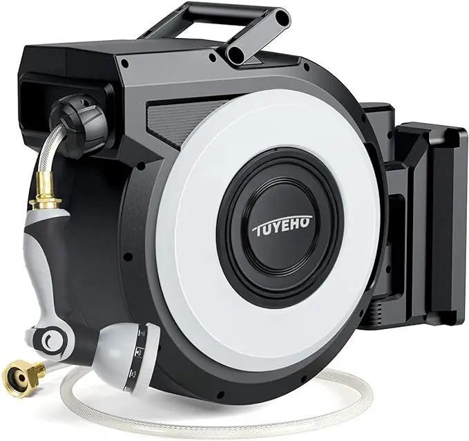 Tuyeho Retractable Garden Hose Reel 5/8" x 90 ft, Wall Mount Water Hose Reels with Automatic Slow Rewind System, Outdoor Hoses Reel with 2 Hose Nozzles for Garden Watering, Car Wash, Pet Shower by GreenHaven Gardens