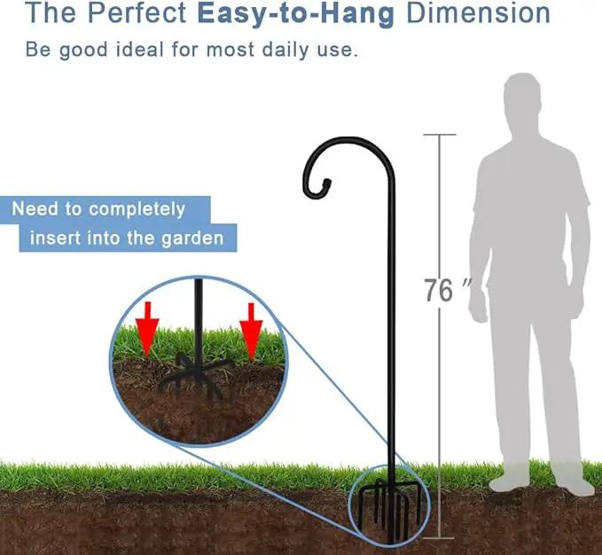76 inch Outdoor Shepherd Hook with 7 Prong Base (1 Pack), Adjustable Heavy Duty Garden Hanging Stake for Bird Feeder Solar Light Plant Hanger Wedding Decor, Matte Black by GreenHaven Gardens