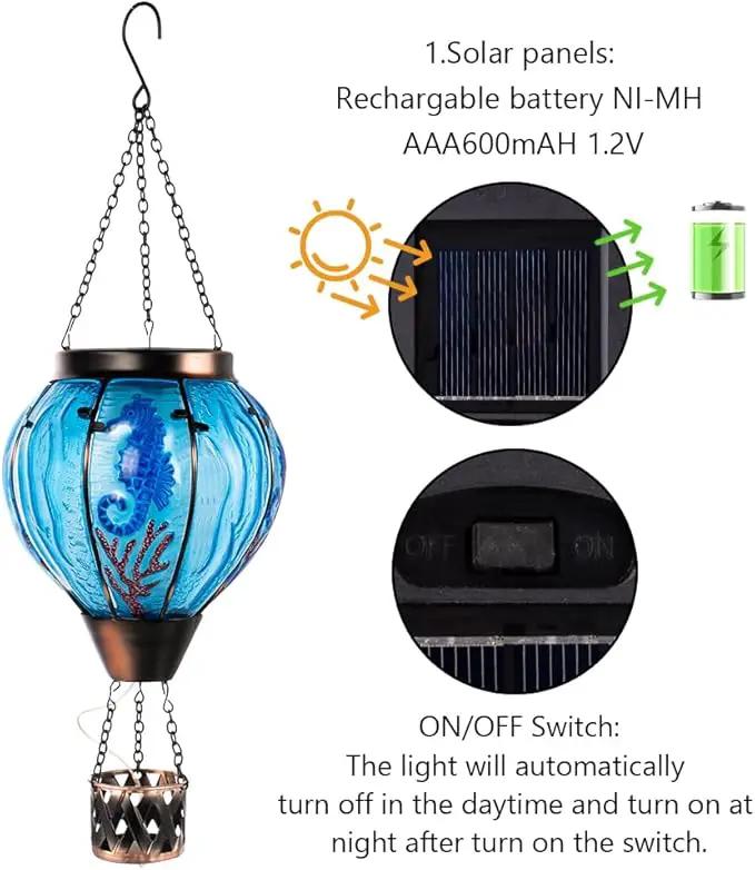 Seahorse Solar Hot Air Balloon Lantern with Flame Flickering Light,Glass Hot Air Balloon Solar Lanterns Outdoor Waterproof Hanging Outdoor Lights for Yard,Patio,Porch Garden Gift for Women by GreenHaven Gardens