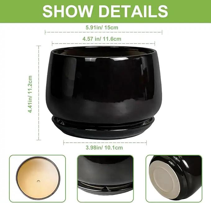 G EPGardening 6 Inch Planter - Ceramic Pot for Plants, Ceramic Planter with Drainage and Saucer, Round Flower Pot Indoor Outdoor, Modern Room Decor, Home Gifts, Black by GreenHaven Gardens
