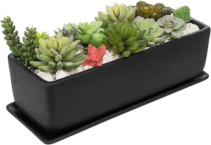 MyGift 14 Inch Matte Black Ceramic Indoor Plant Pot Succulent Planter, Decorative Flower Planter with Drainage Hole and Removable Tray by GreenHaven Gardens