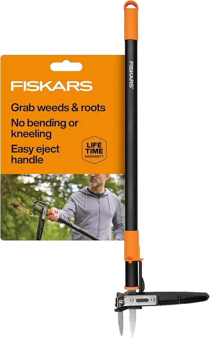 Fiskars 3-Claw Stand Up Weed Puller Tool, Gardening Weeder, Hand Weeding Tool with 39" Long Ergonomic Handle with Easy-Eject Mechanism by GreenHaven Gardens