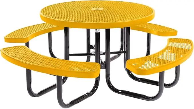 Heavy-Duty Portable Outdoor Picnic Table with Umbrella Hole, Expanded Metal Commercial-Grade Patio Dining Furniture Made in America (46" Round Top, Textured Yellow) by GreenHaven Gardens