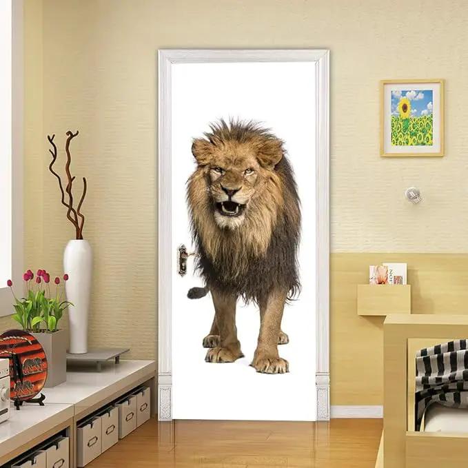 3D Lion Door Stickers - Peel & Stick - Waterproof & Washable - Matt Finish - Realistic Animal Print - Red, Brown, Beige - 37.4 x 82.7 inch - 2 Pieces by GreenHaven Gardens