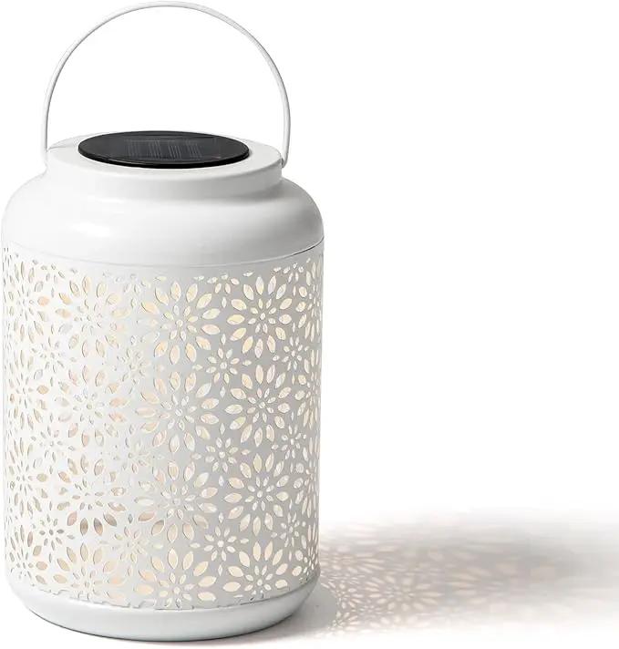 Glitzhome Solar Lantern White Metal Cutout Flower Outdoor Hanging Solar Light with Handle for Garden Patio Yard Outdoor Decor by GreenHaven Gardens