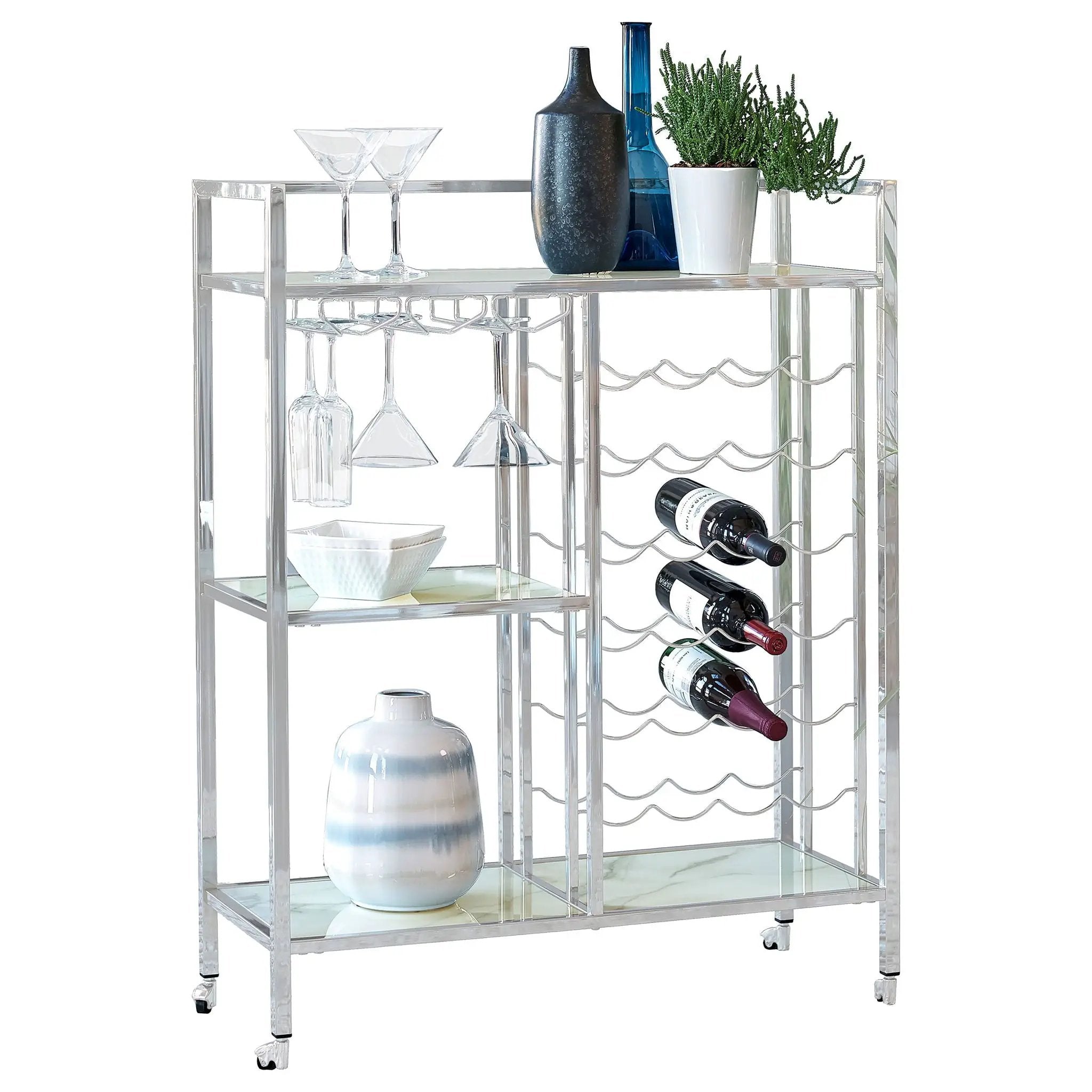 Derion 3-tier Rectangular Glass Shelf Metal Bar Cart Chrome by Unique Piece Furniture