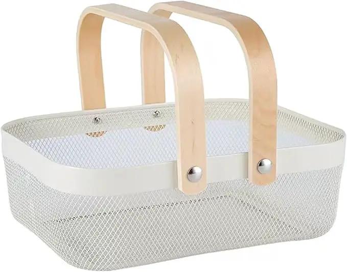 Metal Mesh Steel Basket, Storage Organizer Basket Garden Harvest Basket Multi-functional Kitchen Fruit Baskets Bin with Wooden Handle for Bathroom Picnic Shopping Decor Cabinet Home, White by GreenHaven Gardens