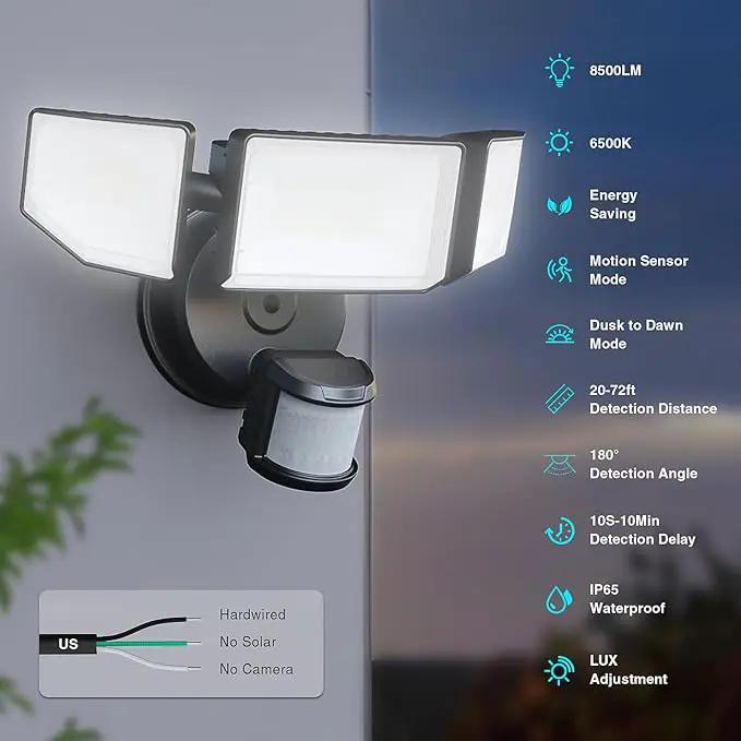85W LED Security Lights Motion Sensor Light Outdoor, 8500LM Dusk to Dawn, IP65 Waterproof, 6500K, 3 Head Motion Detected Flood Light, Floodlight for Outside, Garage, Yard, Porch (Black) by GreenHaven Gardens