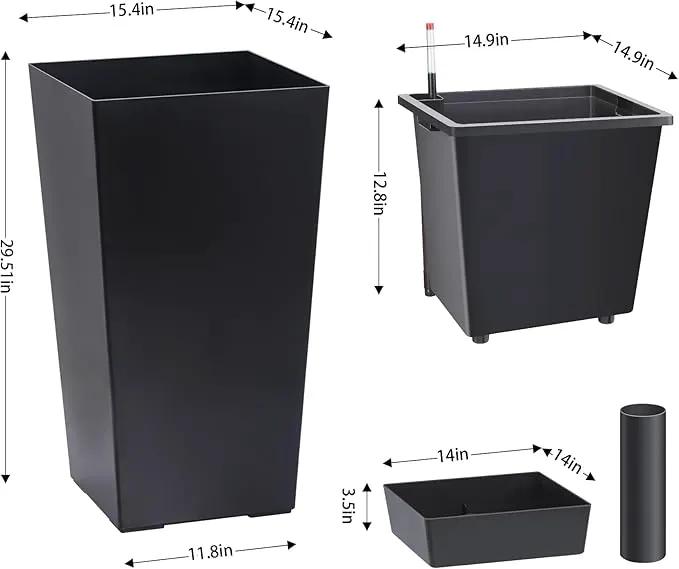 30" Tall Planters Set of 2, Outdoor＆Indoor Black Planter Pots, High Front Porch Planter Pots with Drainage Holes＆Water Level Monitor Movable Wheels ＆Inner Bucket, Automatic Watering,Black by GreenHaven Gardens