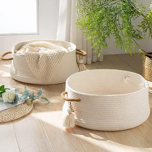 KAKAMAY Woven Baskets for Storage(16"x8"),Blanket Basket for Organizing Living Room,Cotton Rope Basket Woven Baby Laundry Hamper,Collapsible Laundry Room Organization,Clothes,Toy Chest(White) by GreenHaven Gardens