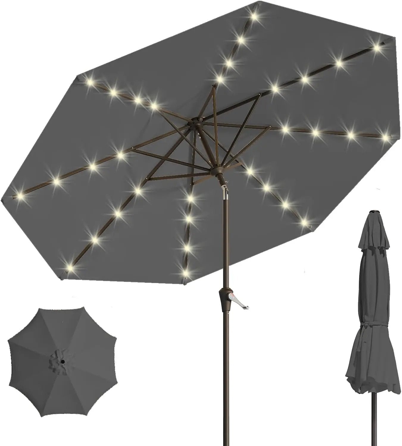9FT Solar Umbrella 32 LED Lighted Patio Umbrella Table Market Umbrella w/Tilt and Crank, UV-Resistant Outdoor Umbrella for Pool, Garden, Deck, Gray by GreenHaven Gardens