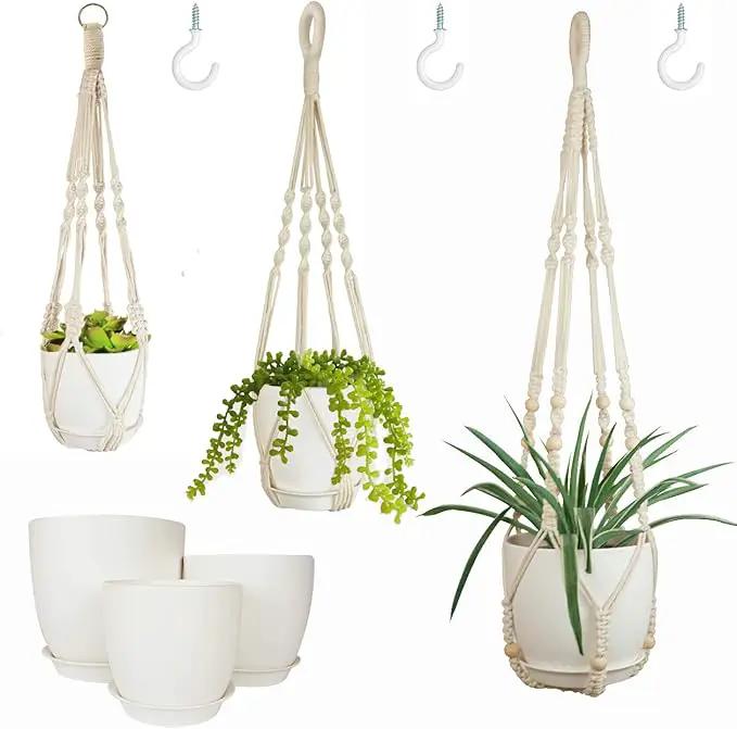 Macrame Plant Hangers with Pots and Saucers, 3 Pack Hanging Planters for Indoor Plants Hanging Plant Holders with Hooks 34" / 26" / 20" by GreenHaven Gardens