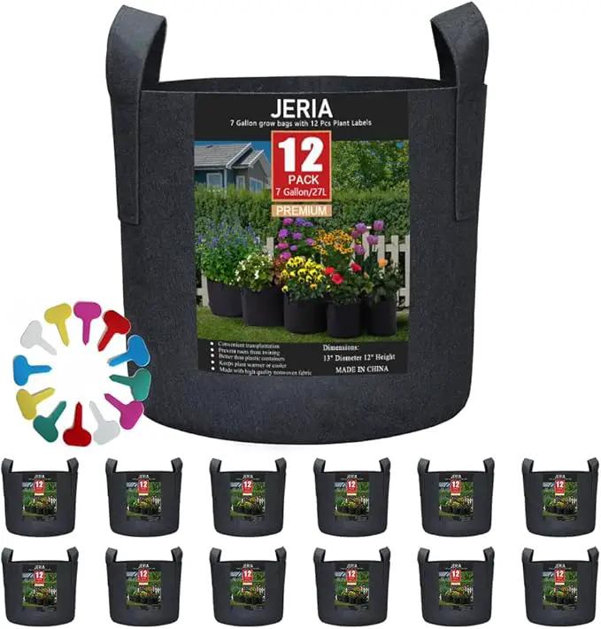 JERIA 12-Pack 7 Gallon, Vegetable/Flower/Plant Grow Bags, Aeration Fabric Pots with Handles (Black), Come with 12 Pcs Plant Labels by GreenHaven Gardens