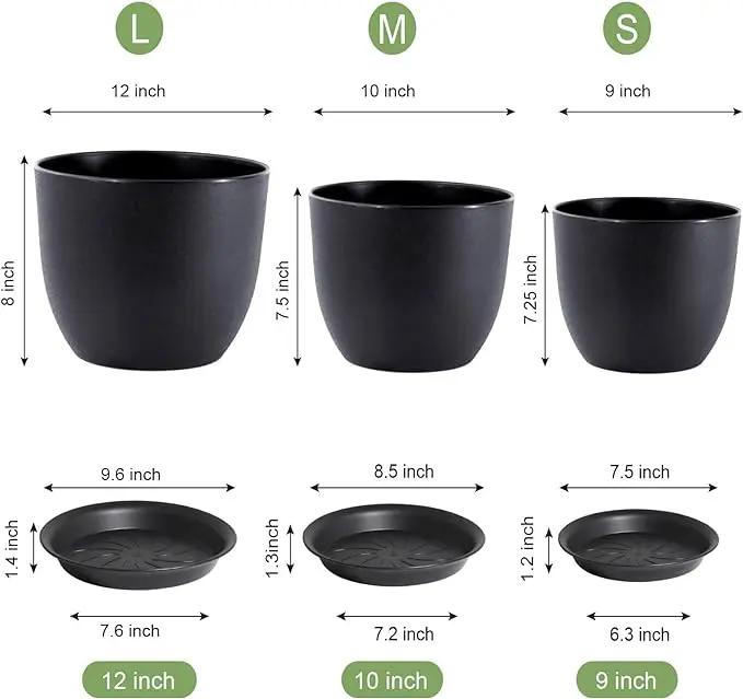 12/10/9 Large Modern Plant Pots, Plastic Planters with Drainage Holes and Saucers for Indoor Outdoor Plants Flowers, Black by GreenHaven Gardens
