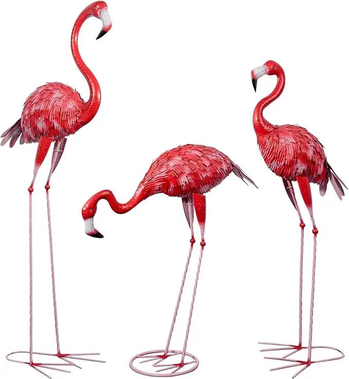 3Pcs Metal Flamingo Statues, Hot Pink Flamingo Outdoor Decor for Garden Home Patio Lawn Backyard Ornaments by GreenHaven Gardens