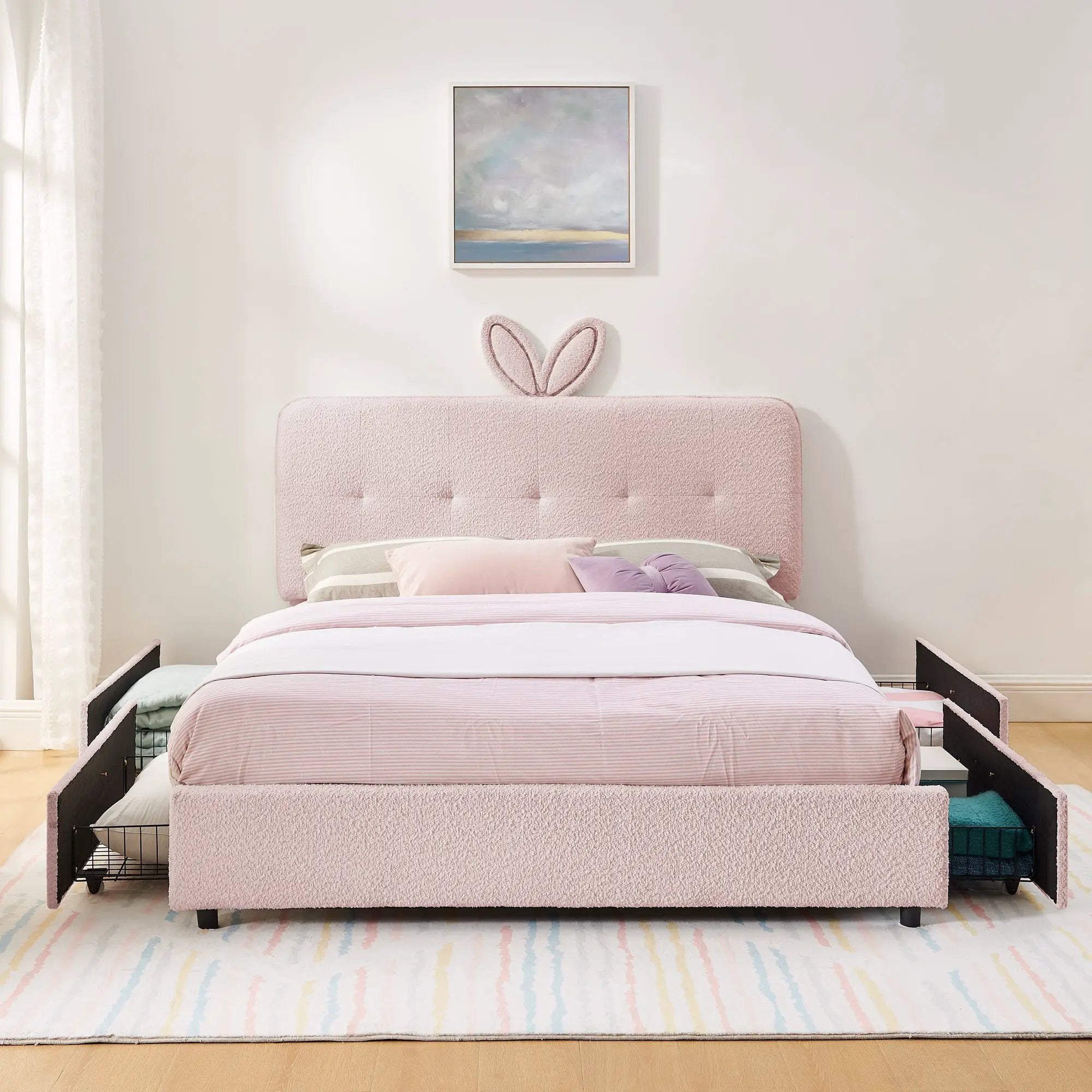 Queen Size Kids Upholstered Bed with Rabbit Ear Headboard & Storage by HouseOfZazla