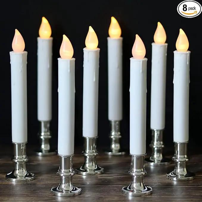 DRomance 9" Flameless Window Taper Candles Battery Operated with 8-Key Remote and Timer, 8 Pack White Christmas Holdiay Window Candles with Silver Holders, Suction Cups and AA Batteries Included by GreenHaven Gardens