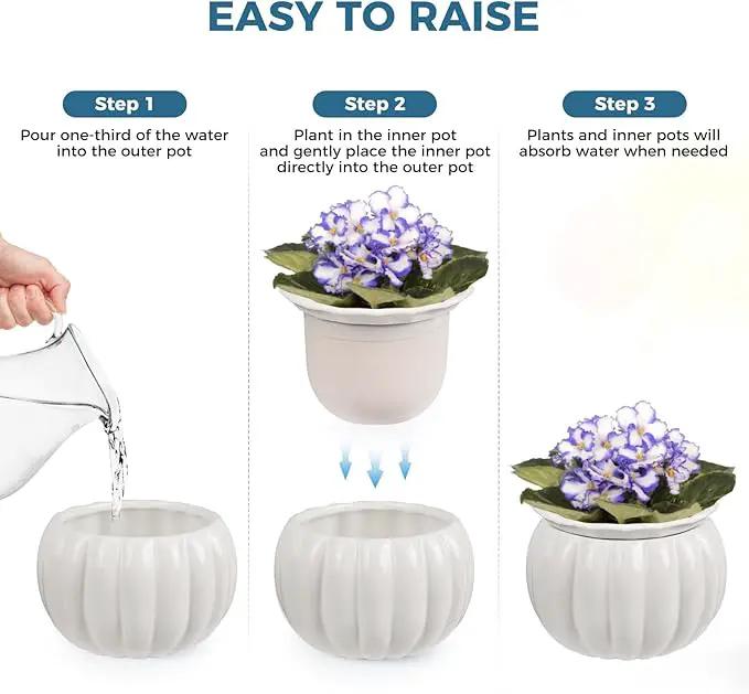 African Violet Pots, 6 inch Pumpkin-Style Ceramic Easy Self Watering Plant Pot for Busy Plant Lovers, Automatically Absorb Appropriate Amount of Water, Flower Pot Indoor-Plants Not Included by GreenHaven Gardens